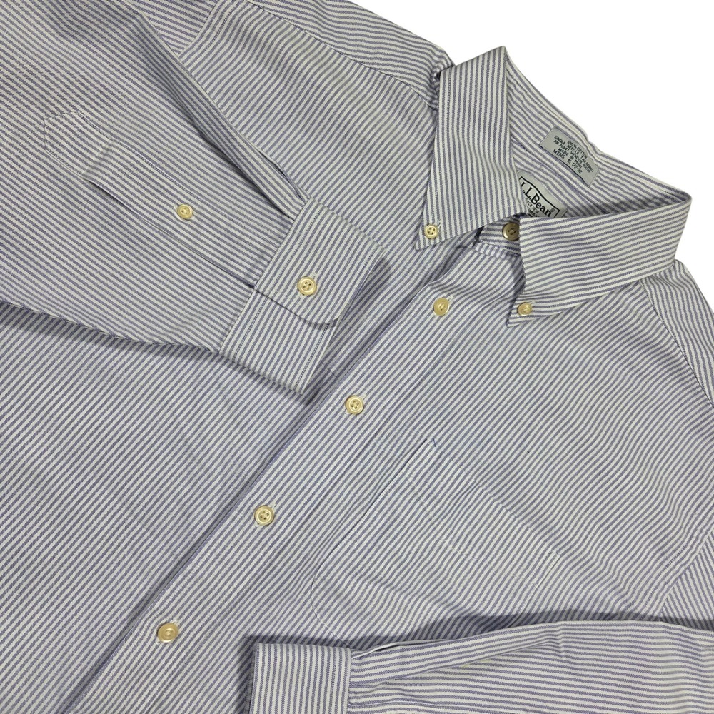 LL Bean Mens 16.5 32 Blue White Striped Cotton Button Down Shirt Oxford Career